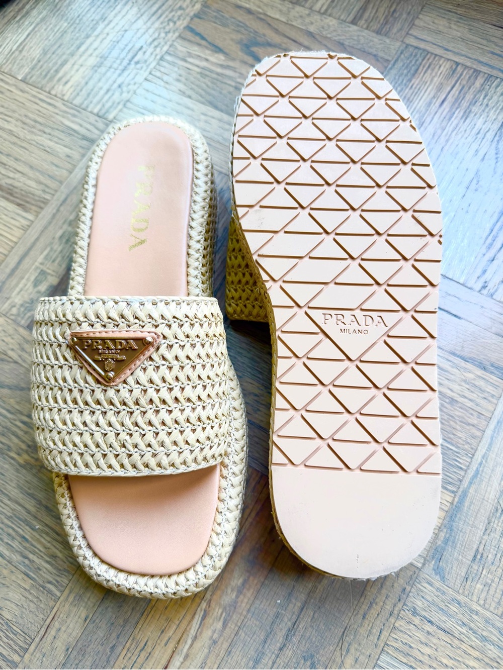 Prada Beige Woven Platform Slide Sandals